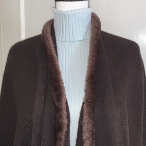 Croft & Barrow Sweater Wrap / Shawl Faux Fur Trim Chocolate Brown